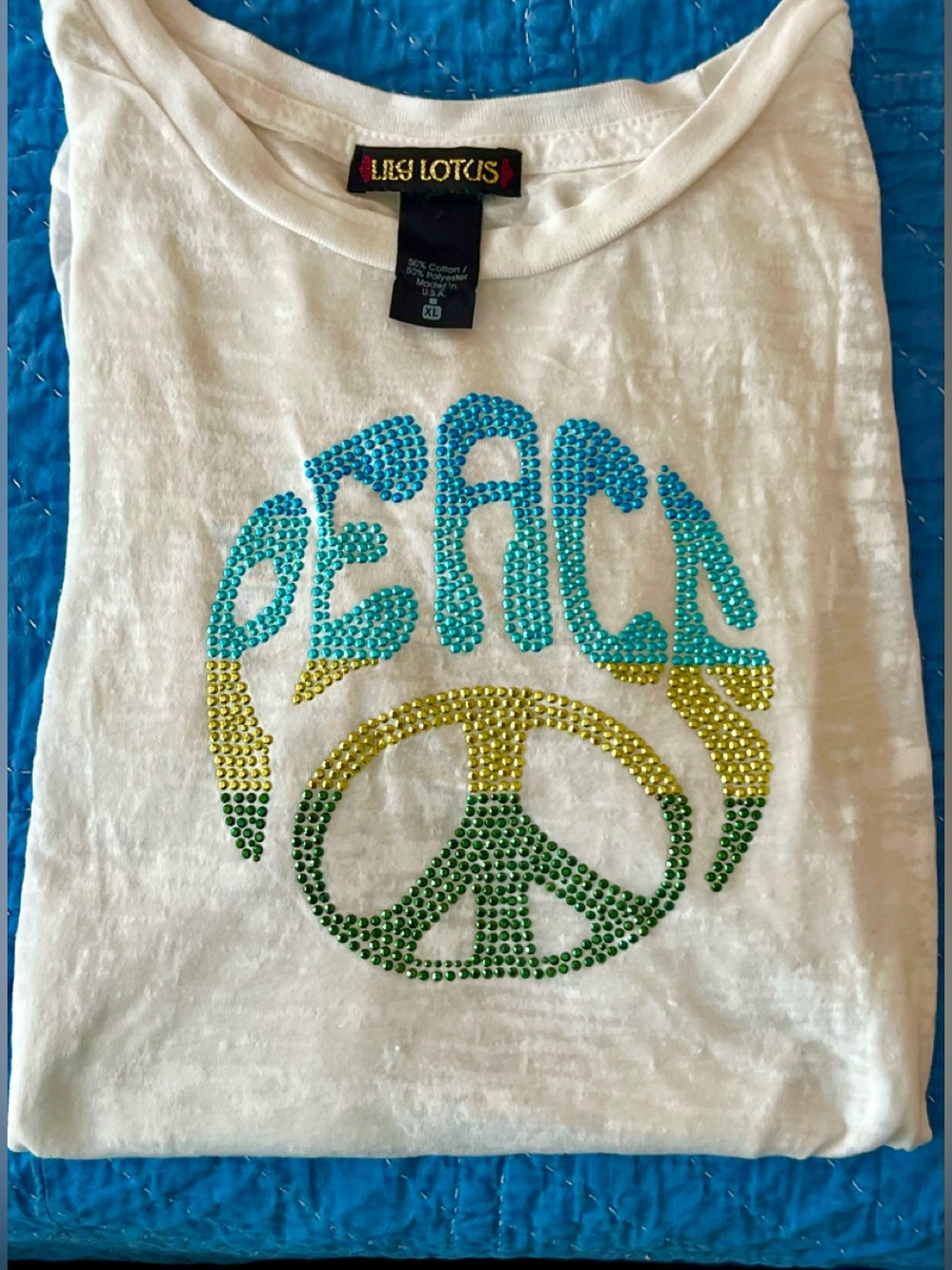 PEACE Beautiful Beaded Lily Lotus T Shirt XL